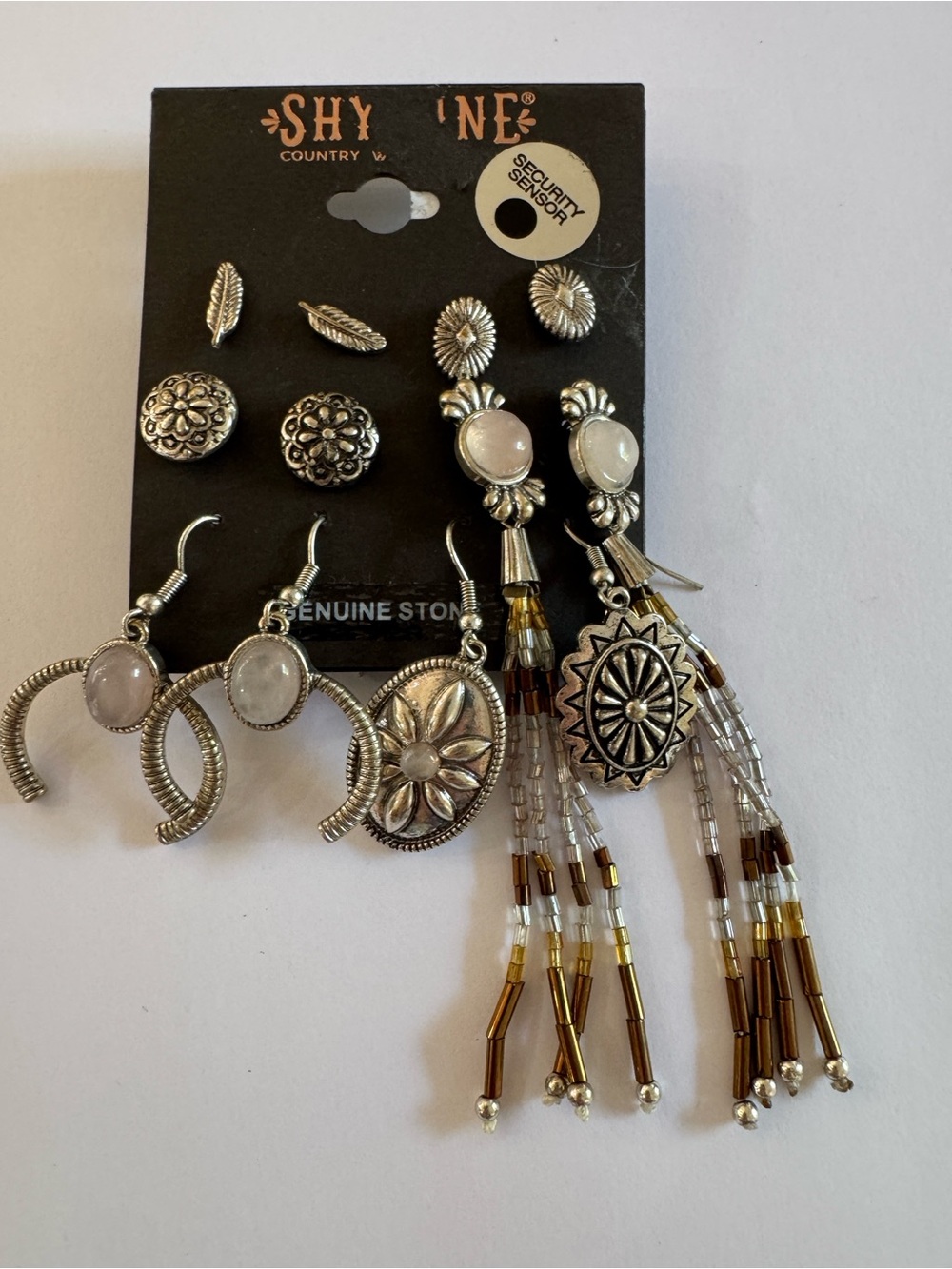 Shyanne Silver-Tone Mixed Earring Set with White Stones and Brown Beaded Tassels